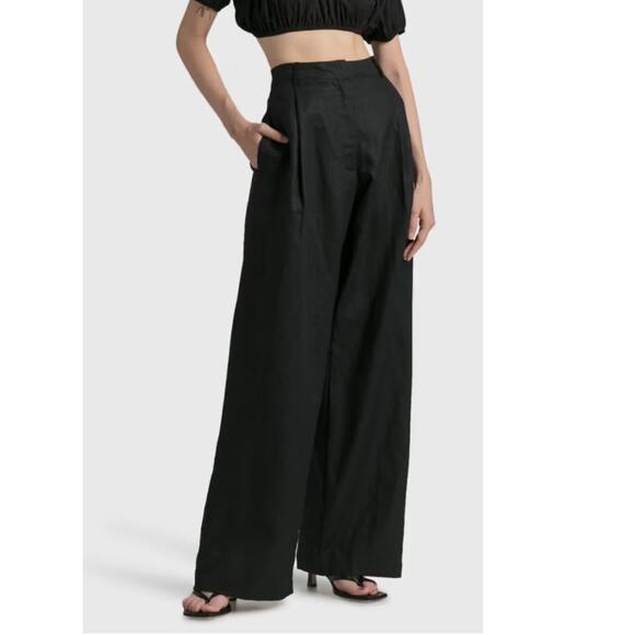 FAITHFULL THE BRAND El Toro Linen Ultra Wide Leg Pleated Trousers Black Sz 6